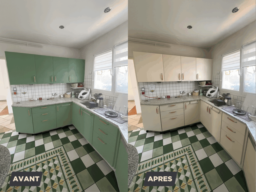 Rénovation cuisine : avant (meubles verts) et après (meubles crème) avec changement de revêtement de sol.