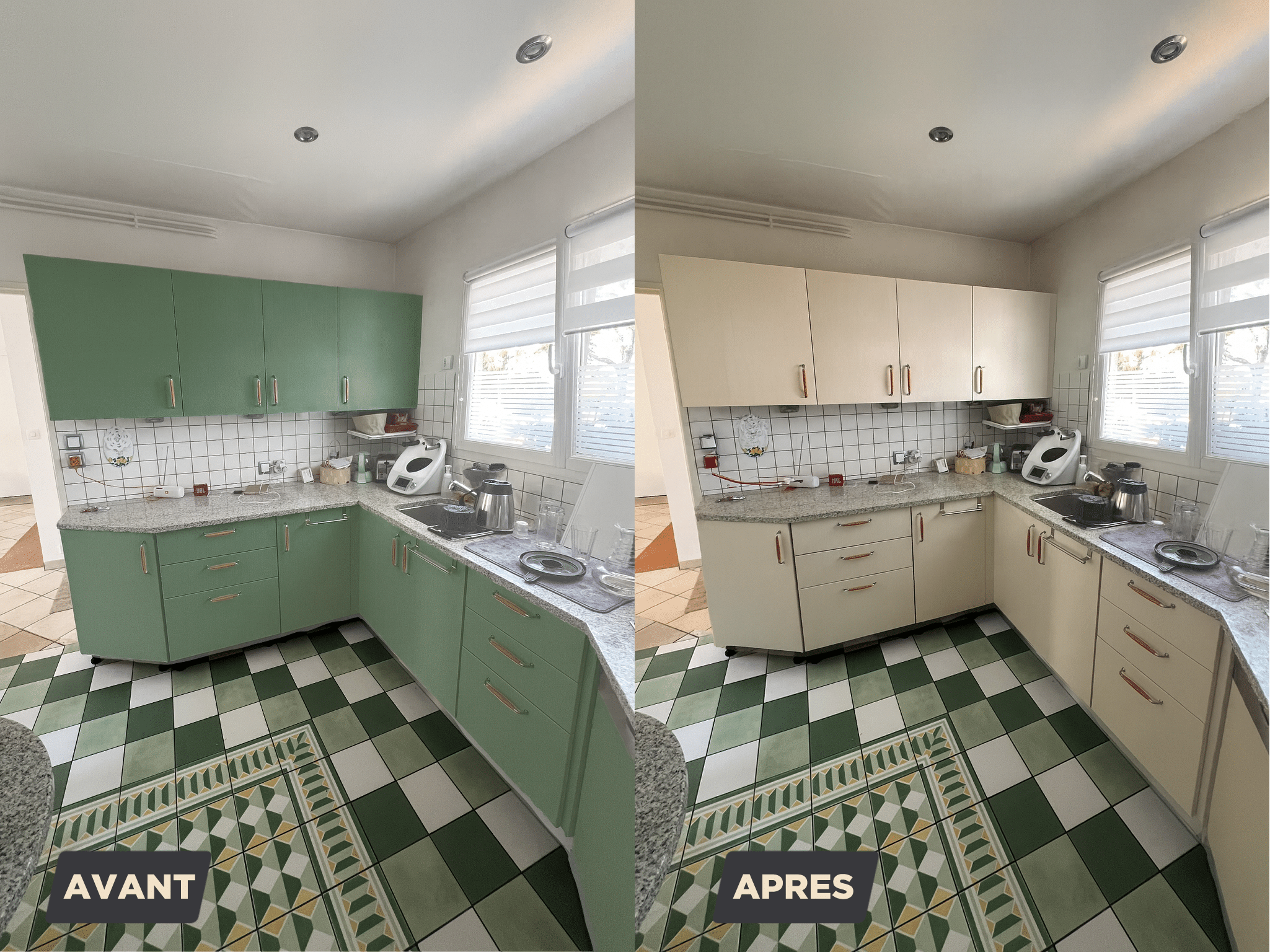 Rénovation cuisine : avant (meubles verts) et après (meubles crème) avec changement de revêtement de sol.