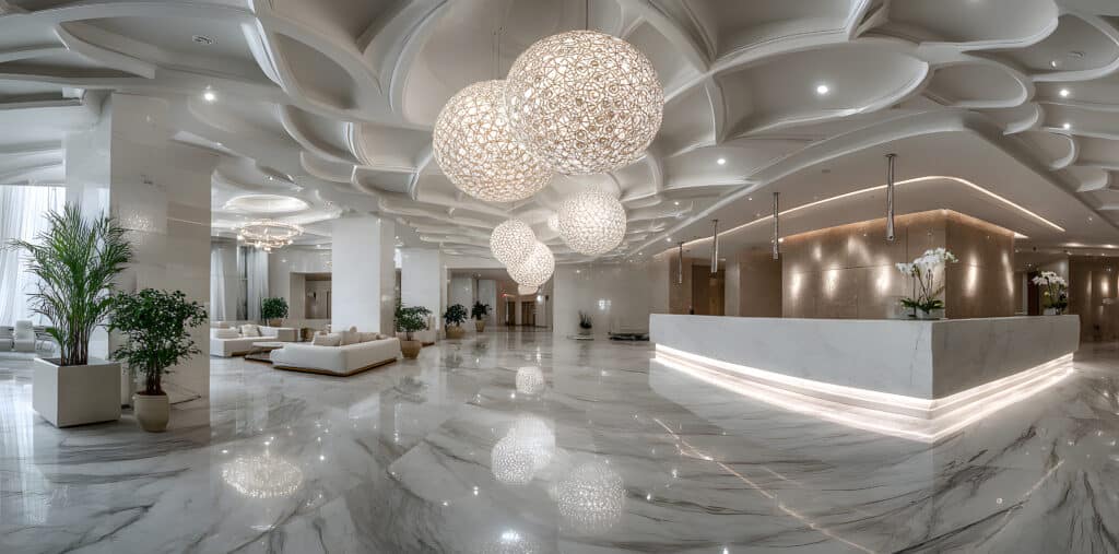 Hall de réception luxueux, marbre blanc brillant, plafond organique blanc, lustres sphériques texturés, comptoir d'accueil éclairé.