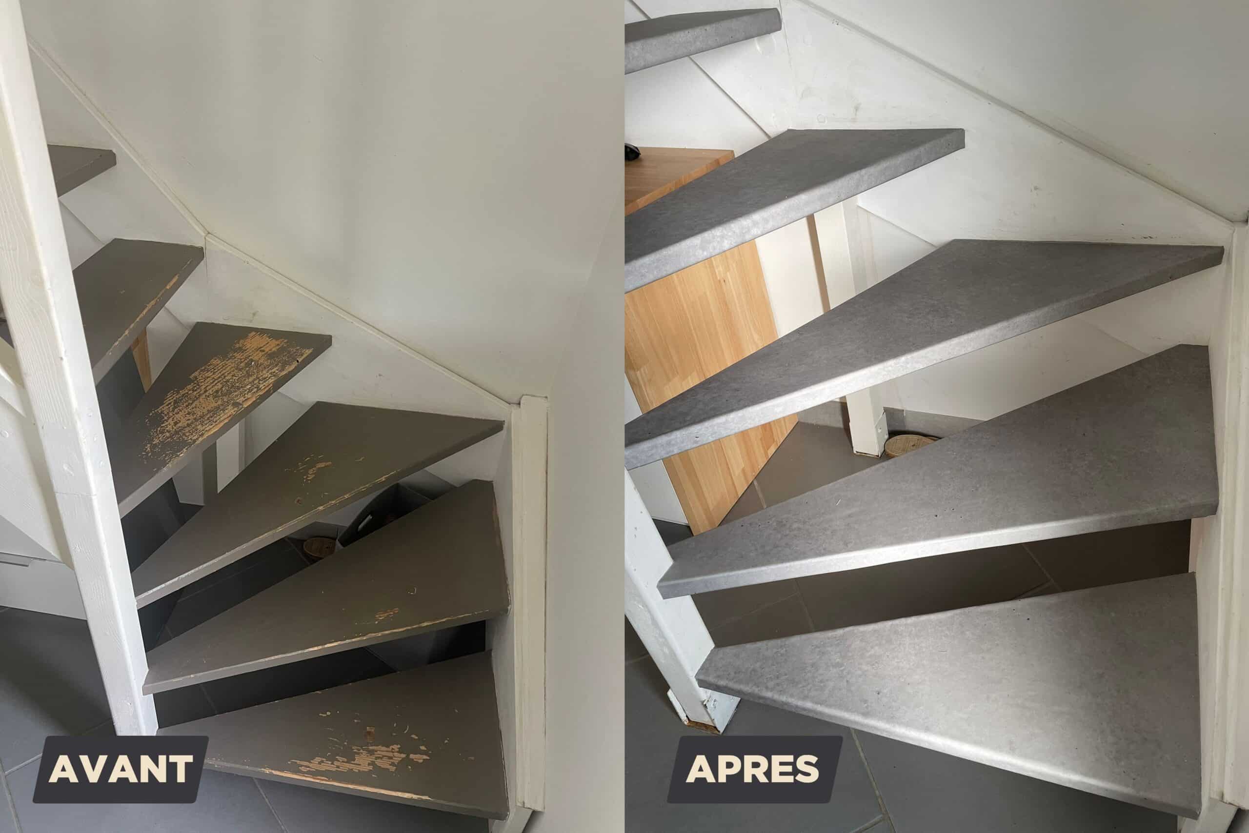 Avant/Après rénovation d'escalier : marches gris foncé écaillées remplacées par un revêtement gris béton uniforme. Texte : AVANT/APRES.