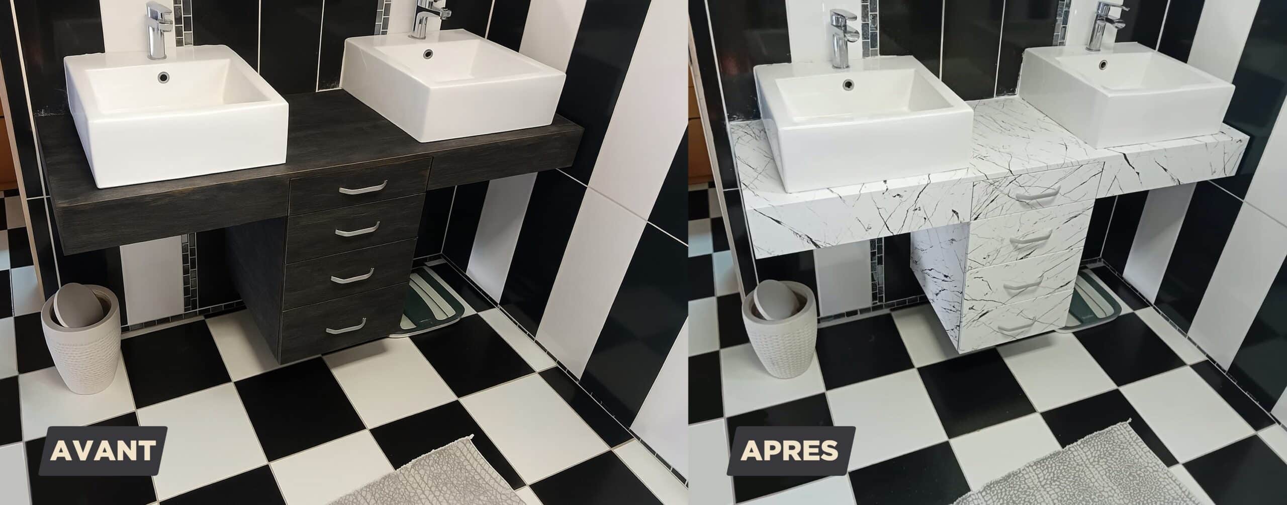 Avant/Après rénovation : meuble double vasque noir remplacé par un meuble blanc marbré, contraste noir et blanc conservé.
