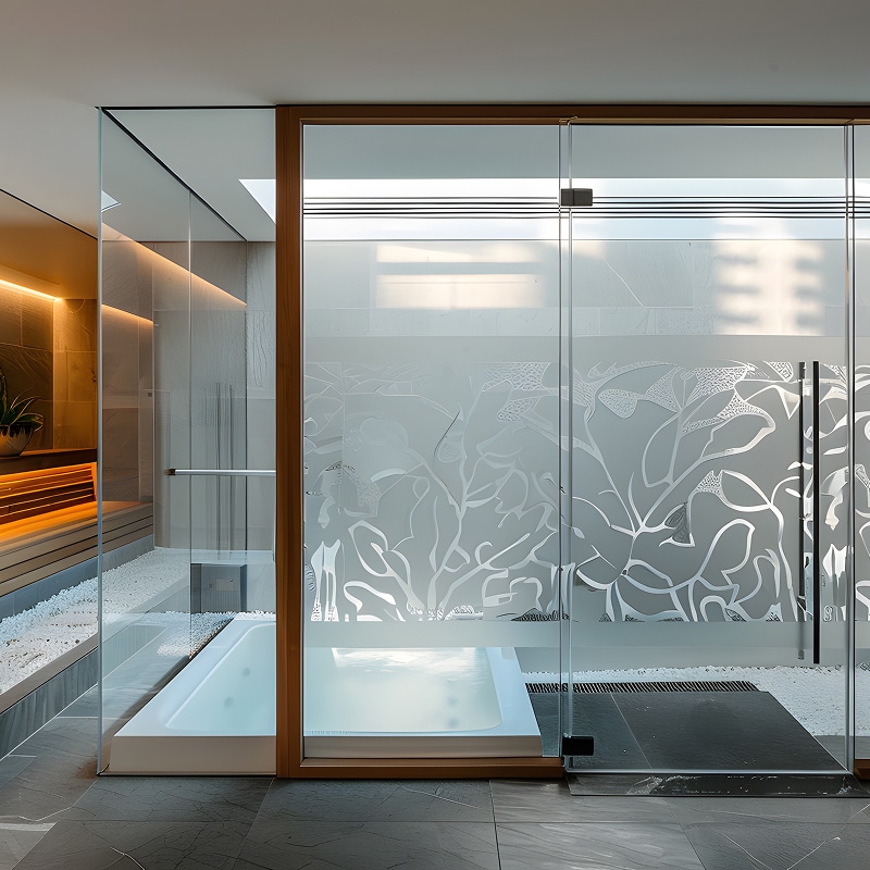 Spa moderne avec baignoire jacuzzi et sauna, séparés par une paroi vitrée dépolie à motif végétal élégant.