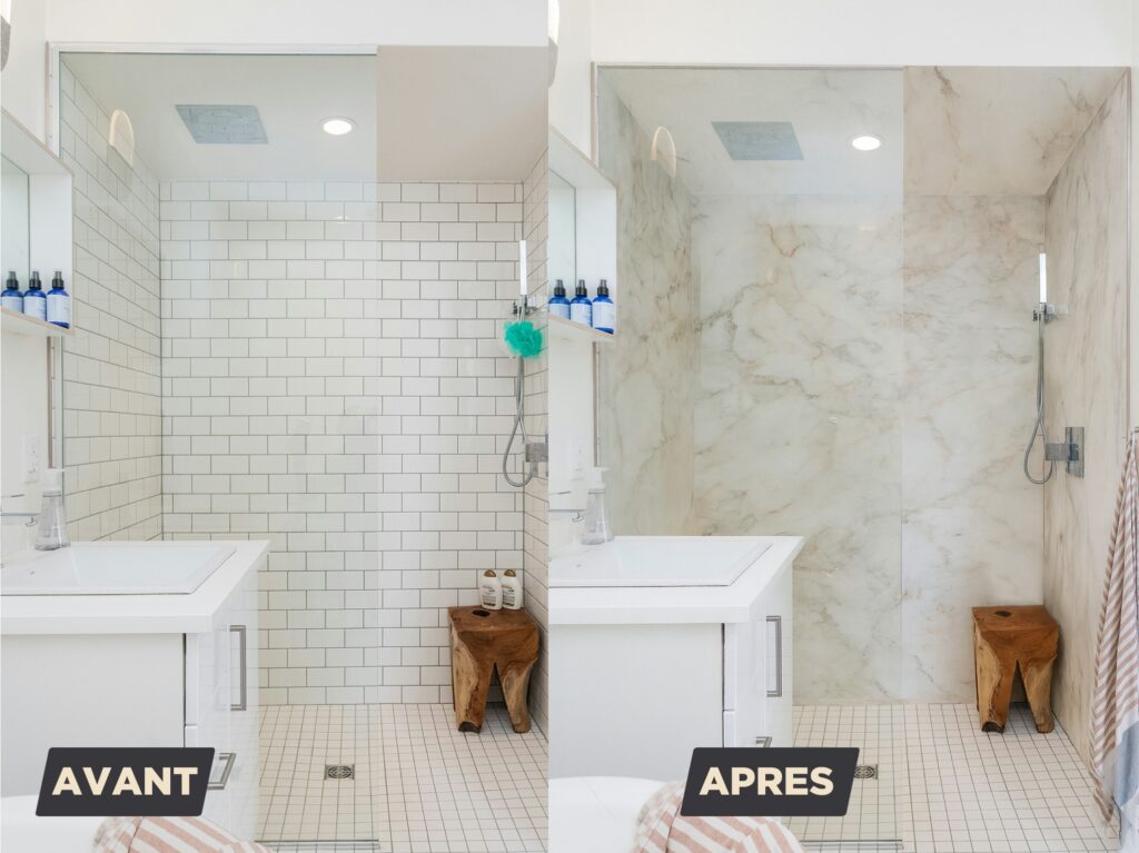 Rénovation douche : métro blanc vers marbre chic Comparaison avant/après d'une douche : mur de carreaux métro blancs remplacé par un grand panneau de marbre clair. Texte 'AVANT' et 'APRÈS'.