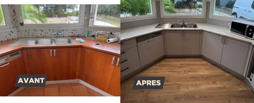 Rénovation Cuisine : Avant/Après Meubles et Sol Modernes Avant/Après rénovation cuisine : meubles bois foncé remplacés par gris clair, sol carrelage terre cuite par parquet flottant. Mots clés : AVANT, APRES.