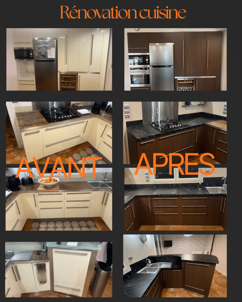 Rénovation Cuisine : Avant Après avec Meubles Bois Sombre Rénovation cuisine avant après : meubles bois sombre et plan de travail effet marbre noir remplaçant le mobilier crème.