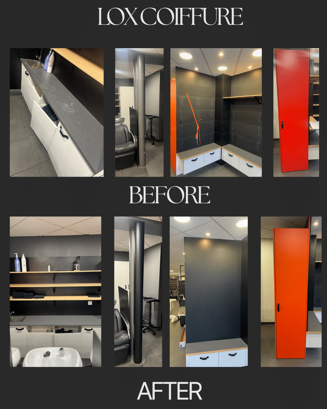 Rénovation Salon LOX COIFFURE : Transformation Avant/Après Avant/après rénovation LOX COIFFURE : mobilier de salon de coiffure repeint en noir mat et orange.