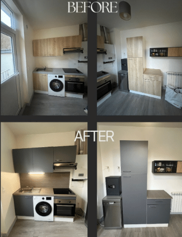 Rénovation Cuisine : Avant/Après Gris Anthracite Moderne BEFORE/AFTER : rénovation de cuisine. Meubles bois remplacés par du gris anthracite moderne et crédence bois.